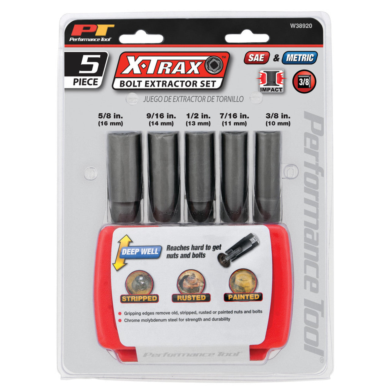 Performance Tool 3/8" Drive Deep Bolt Extractor Set 5 Piece
