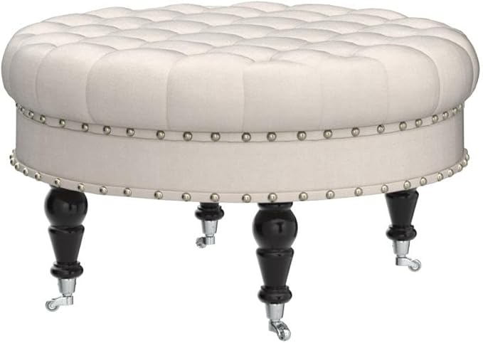 Large Round Upholstered Tufted Button Linen Ottoman