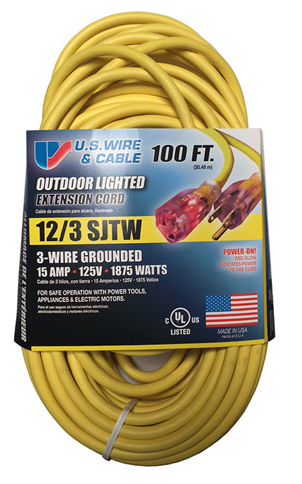 US Wire 12/3 SJTW 100' Outdoor Extension Cord