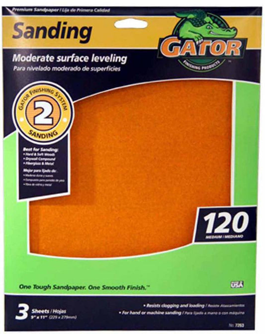 Gator 9"x 11" Sandpaper 120 Grit 3 Sheets