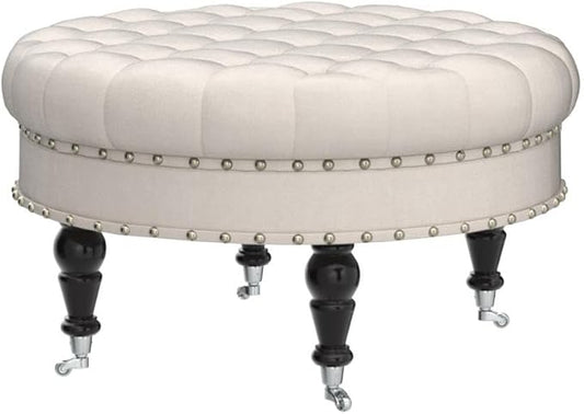 Large Round Upholstered Tufted Button Linen Ottoman