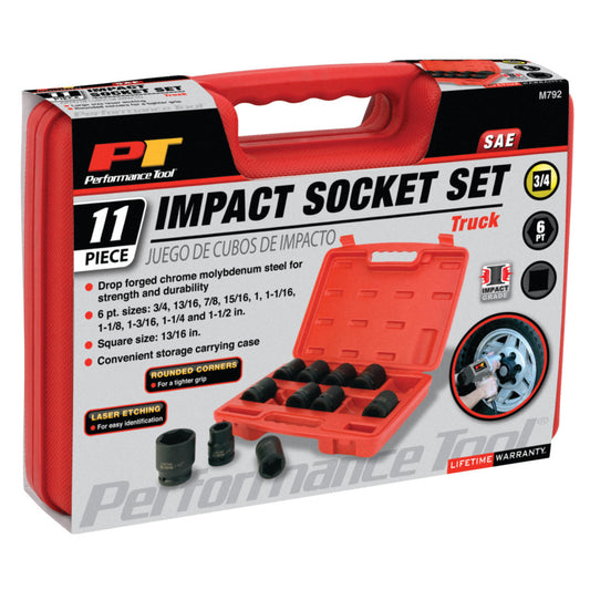 Performance Tool 3/4" Drive 6 Point SAE Impact Socket Set 11 Piece