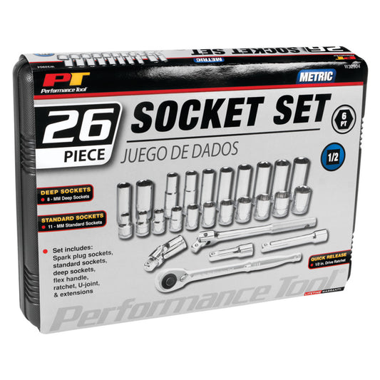 Performance Tool 1/2" Drive 6 Point Metric Socket Set 26 Piece