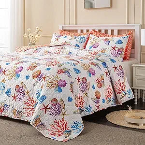 heme Coastal Bedspread with 2 Shams Lightweight Beach Bedding Nautical Coverlet Set Seashell Conch Starfish Bed Cover All Season 90 x 90 Inches