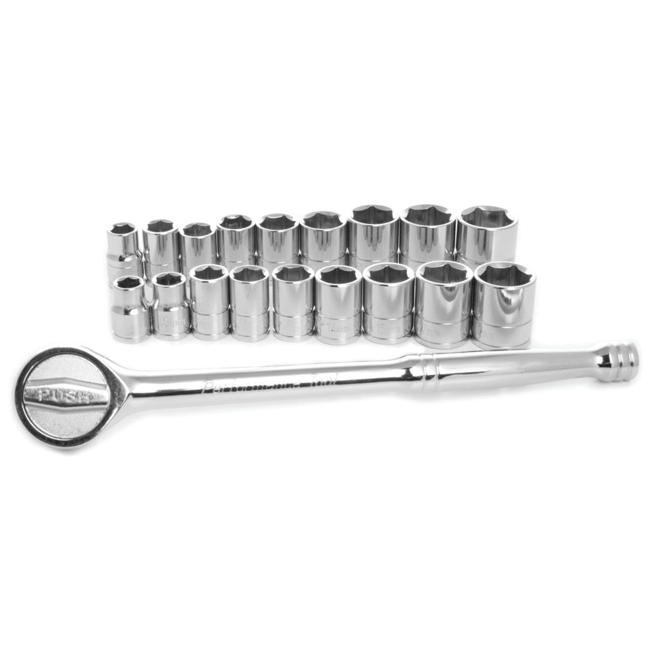 Performance Tool 1/2" Drive 6 Point SAE & Metric Socket + Ratchet Set 17 Piece