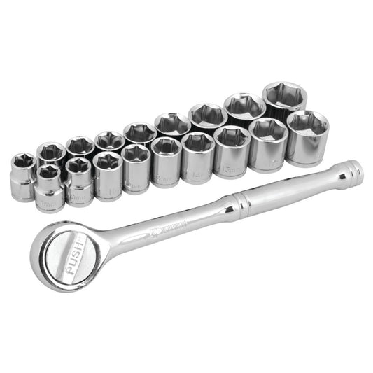 Performance Tool 3/8" Drive 6 Point Metric & SAE Socket + Ratchet Set 19 Piece