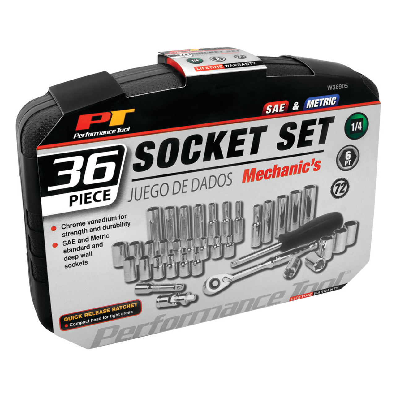 Performance Tool 1/4" Drive Mechanics Socket Set 36 Piece