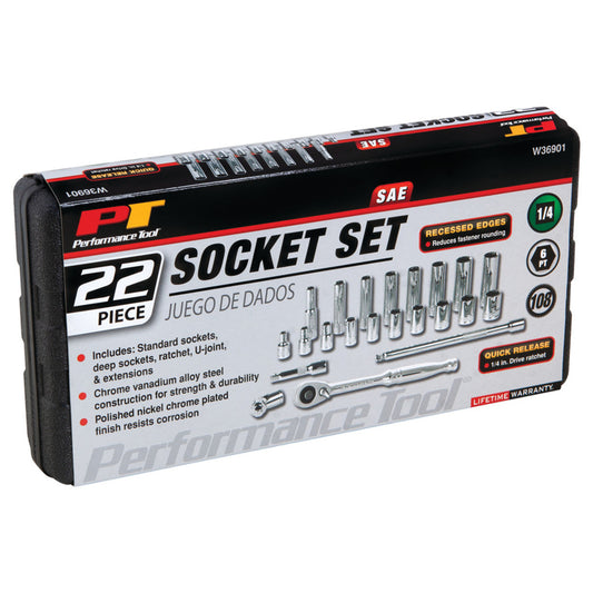 Performance Tool 1/4" Drive 6 Point SAE Socket Set 22 Piece