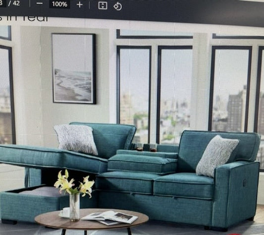 Venetian Teal Sectional With Chaise and Pull Out Bed